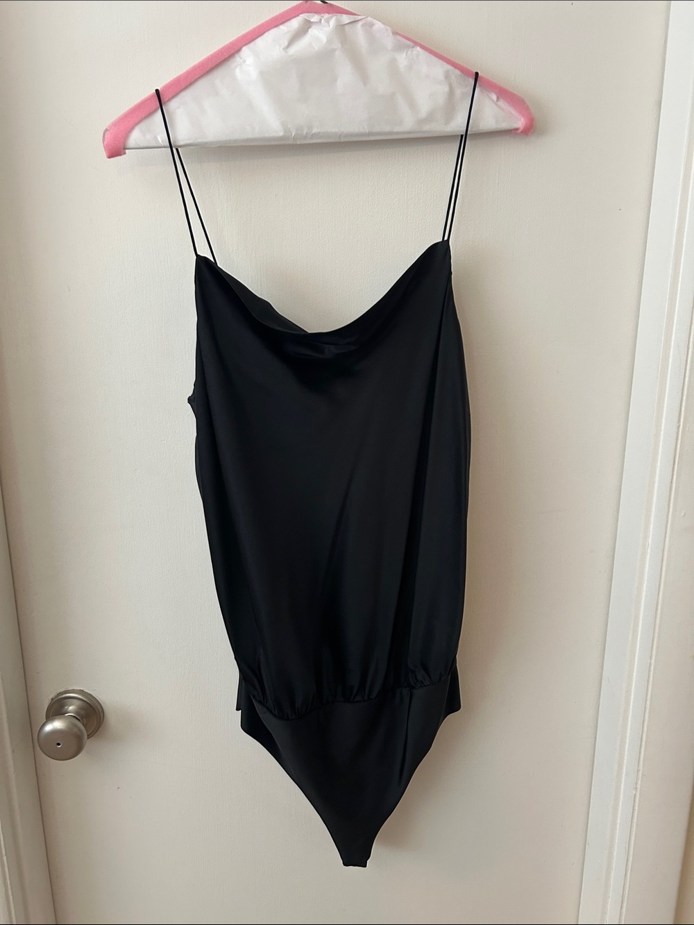 Cami NYC Black Satin Cowl Neck Bodysuit with Spaghetti Straps